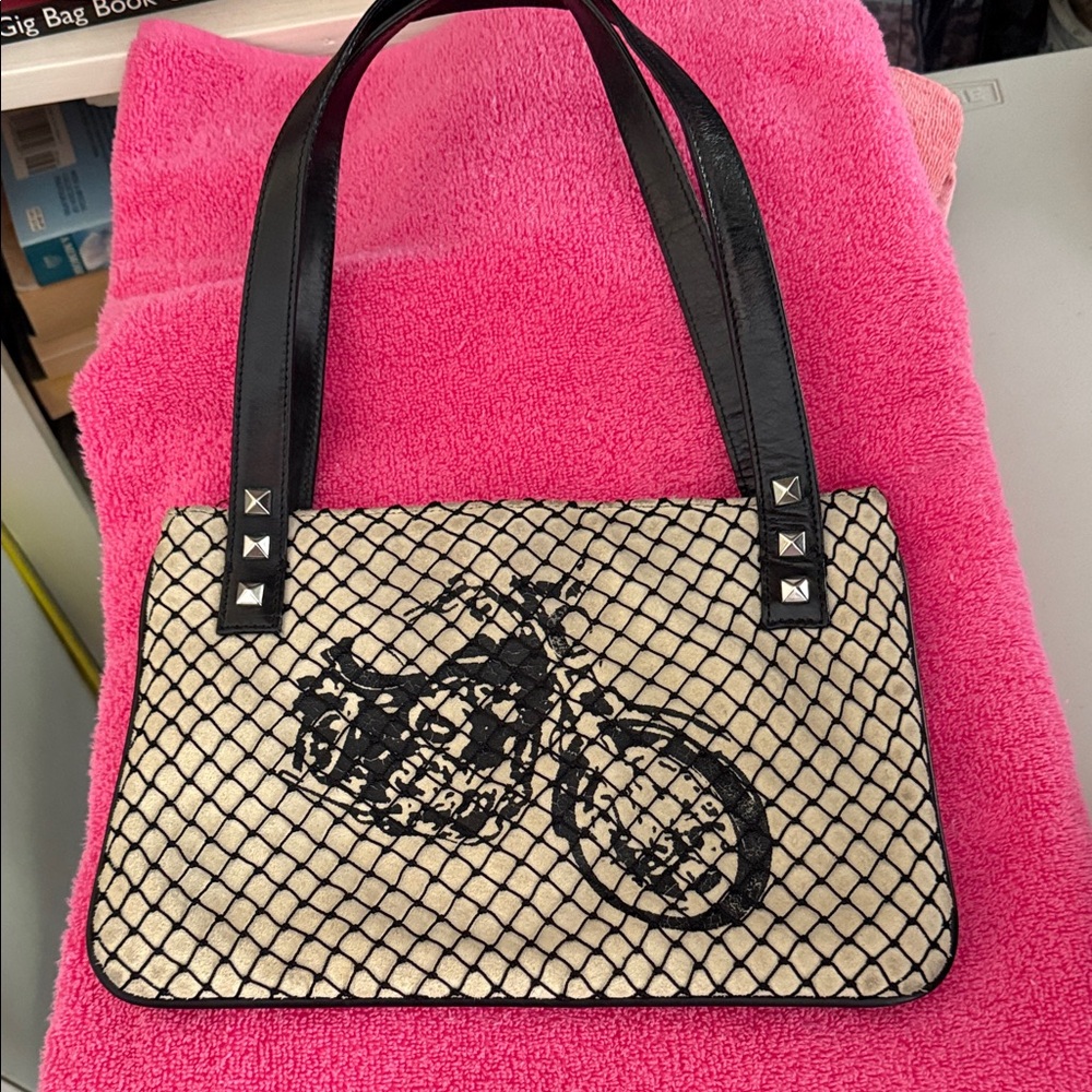 BCBGMaxAzria Black and Cream Mesh Motorcycle Tote - Picture 1 of 1
